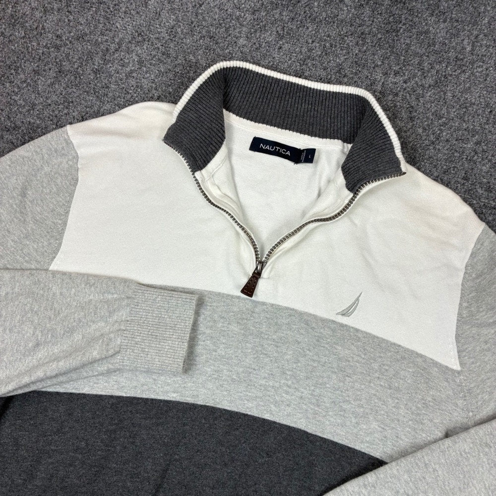 Nautica Mens Quarter Zip Sweater Size Large Colorblock Grey White Pullover Knit
